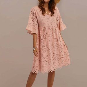 Blush 3/4 Length Bell Sleeve V Neck Gathered Waist Cotton Midi Mom Dress
